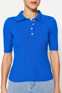 TRENDYOLMİLLA Mavi Basic Polo Shirt Collar T-Shirt Look Thin Blouse - Image 6