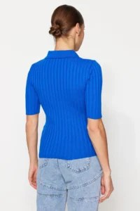 TRENDYOLMİLLA Mavi Basic Polo Shirt Collar T-Shirt Look Thin Blouse - Image 7
