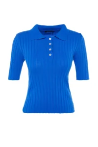 TRENDYOLMİLLA Mavi Basic Polo Shirt Collar T-Shirt Look Thin Blouse - Image 8