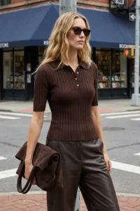 TRENDYOLMİLLA Brown Basic Polo Shirt Shirt Collar T-Shirt Look Knitwear Thin Blouse