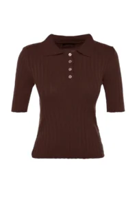TRENDYOLMİLLA Brown Basic Polo Shirt Shirt Collar T-Shirt Look Knitwear Thin Blouse - Image 10