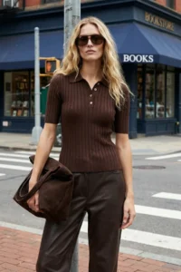 TRENDYOLMİLLA Brown Basic Polo Shirt Shirt Collar T-Shirt Look Knitwear Thin Blouse - Image 2