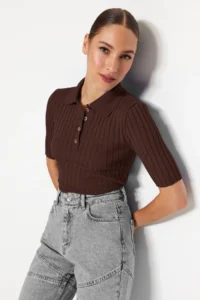 TRENDYOLMİLLA Brown Basic Polo Shirt Shirt Collar T-Shirt Look Knitwear Thin Blouse - Image 3