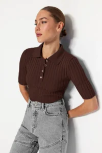 TRENDYOLMİLLA Brown Basic Polo Shirt Shirt Collar T-Shirt Look Knitwear Thin Blouse - Image 5