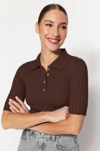 TRENDYOLMİLLA Brown Basic Polo Shirt Shirt Collar T-Shirt Look Knitwear Thin Blouse - Image 6