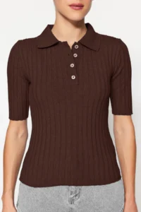TRENDYOLMİLLA Brown Basic Polo Shirt Shirt Collar T-Shirt Look Knitwear Thin Blouse - Image 7