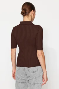 TRENDYOLMİLLA Brown Basic Polo Shirt Shirt Collar T-Shirt Look Knitwear Thin Blouse - Image 9