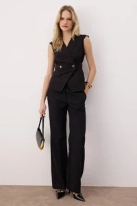 TRENDYOLMİLLA Black Bonnet Button Detailed Double breasted Weaving Blouse