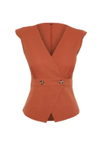 TRENDYOLMİLLA Brick Red Weaving Bonnet Button Detailed Double breasted Blouse - Image 7