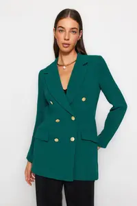 TRENDYOLMİLLA Emerald Green Lined Double breasted Kapama Weaving Blazer Jacket - Image 2