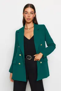 TRENDYOLMİLLA Emerald Green Lined Double breasted Kapama Weaving Blazer Jacket - Image 3
