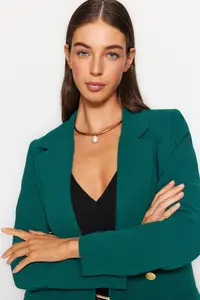 TRENDYOLMİLLA Emerald Green Lined Double breasted Kapama Weaving Blazer Jacket - Image 4