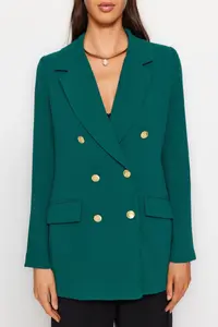 TRENDYOLMİLLA Emerald Green Lined Double breasted Kapama Weaving Blazer Jacket - Image 5