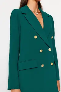 TRENDYOLMİLLA Emerald Green Lined Double breasted Kapama Weaving Blazer Jacket - Image 6