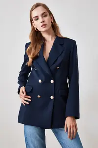 TRENDYOLMİLLA Navy Blue Oversized Lined Double breasted Kapama Weaving Blazer Jacket