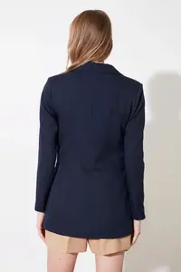TRENDYOLMİLLA Navy Blue Oversized Lined Double breasted Kapama Weaving Blazer Jacket - Image 10