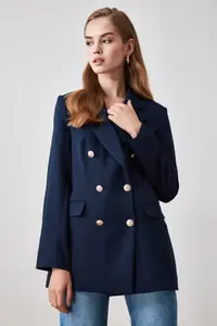 TRENDYOLMİLLA Navy Blue Oversized Lined Double breasted Kapama Weaving Blazer Jacket - Image 2