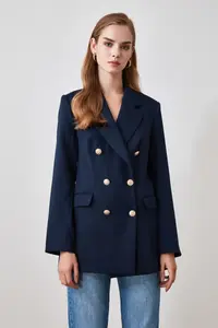 TRENDYOLMİLLA Navy Blue Oversized Lined Double breasted Kapama Weaving Blazer Jacket - Image 3
