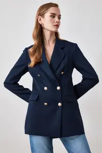 TRENDYOLMİLLA Navy Blue Oversized Lined Double breasted Kapama Weaving Blazer Jacket - Image 4