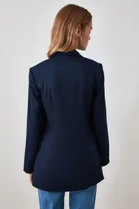 TRENDYOLMİLLA Navy Blue Oversized Lined Double breasted Kapama Weaving Blazer Jacket - Image 5