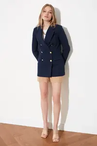 TRENDYOLMİLLA Navy Blue Oversized Lined Double breasted Kapama Weaving Blazer Jacket - Image 6