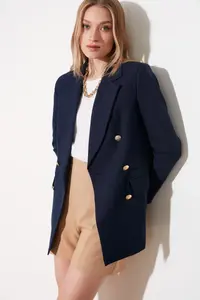 TRENDYOLMİLLA Navy Blue Oversized Lined Double breasted Kapama Weaving Blazer Jacket - Image 7