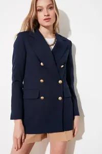 TRENDYOLMİLLA Navy Blue Oversized Lined Double breasted Kapama Weaving Blazer Jacket - Image 8