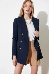 TRENDYOLMİLLA Navy Blue Oversized Lined Double breasted Kapama Weaving Blazer Jacket - Image 9