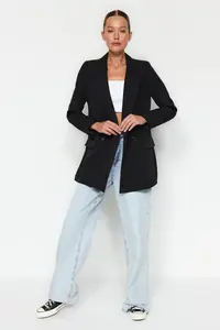 TRENDYOLMİLLA Black Regular Lined Double breasted Kapama Weaving Blazer Jacket