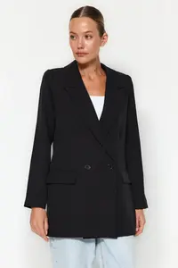TRENDYOLMİLLA Black Regular Lined Double breasted Kapama Weaving Blazer Jacket - Image 4