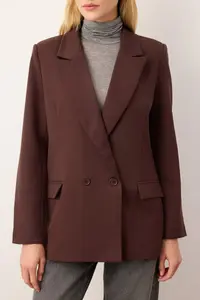 TRENDYOLMİLLA Brown Regular Lined Double breasted Kapama Weaving Blazer Jacket - Image 3