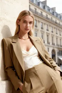 TRENDYOLMİLLA Light Khaki Regular Lined Double breasted Kapama Weaving Blazer Jacket