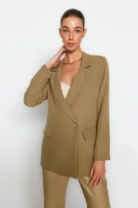 TRENDYOLMİLLA Light Khaki Regular Lined Double breasted Kapama Weaving Blazer Jacket - Image 3