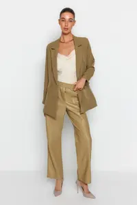 TRENDYOLMİLLA Light Khaki Regular Lined Double breasted Kapama Weaving Blazer Jacket - Image 4