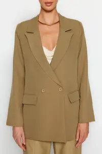 TRENDYOLMİLLA Light Khaki Regular Lined Double breasted Kapama Weaving Blazer Jacket - Image 5