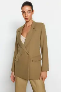 TRENDYOLMİLLA Light Khaki Regular Lined Double breasted Kapama Weaving Blazer Jacket - Image 6