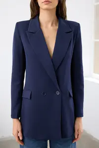 TRENDYOLMİLLA Navy Blue Regular Lined Double breasted Kapama Weaving Blazer Jacket - Image 3
