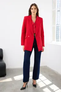 TRENDYOLMİLLA Red Regular Lined Double breasted Kapama Weaving Blazer Jacket - Image 2