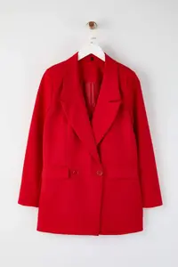 TRENDYOLMİLLA Red Regular Lined Double breasted Kapama Weaving Blazer Jacket - Image 5