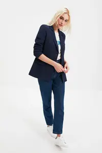 TRENDYOLMİLLA Navy Blue Regular Lined Weaving Blazer Jacket - Image 3