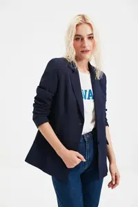 TRENDYOLMİLLA Navy Blue Regular Lined Weaving Blazer Jacket - Image 5