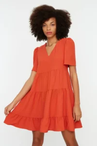TRENDYOLMİLLA Brick Rejection Wide Cut V-neck Mini Weaving Dress - Image 2