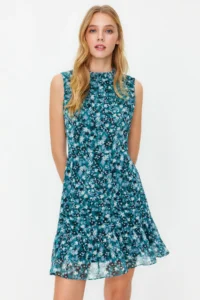 TRENDYOLMİLLA Dark Green Floral A Cut Frilly Lined Mini Weaving Dress - Image 2