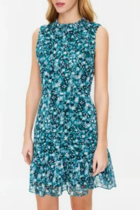 TRENDYOLMİLLA Dark Green Floral A Cut Frilly Lined Mini Weaving Dress - Image 6