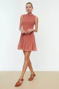 TRENDYOLMİLLA Brick Rejection Floral A Cut Frilly Lined Mini Weaving Dress