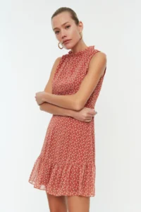 TRENDYOLMİLLA Brick Rejection Floral A Cut Frilly Lined Mini Weaving Dress - Image 3