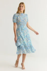 TRENDYOLMİLLA Light Blue Floral A Cut Frilly Midi Weaving Dress - Image 2