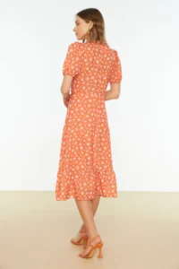 TRENDYOLMİLLA Brick Rejection flower patterned A Cut with flywheel Lined Midi Weaving Dress - Image 11