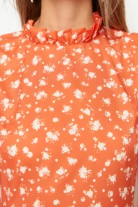 TRENDYOLMİLLA Brick Rejection flower patterned A Cut with flywheel Lined Midi Weaving Dress - Image 5
