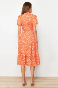 TRENDYOLMİLLA Brick Rejection flower patterned A Cut with flywheel Lined Midi Weaving Dress - Image 6